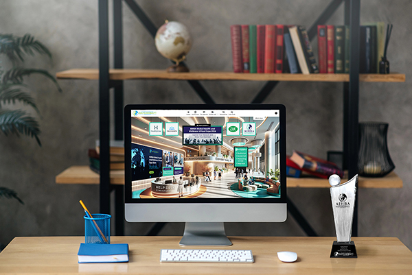 Virtual business meeting, online briefing, brainstorm. A computer monitor is on the desktop, on the screen is many different multiracial business partners gathered in a video conference